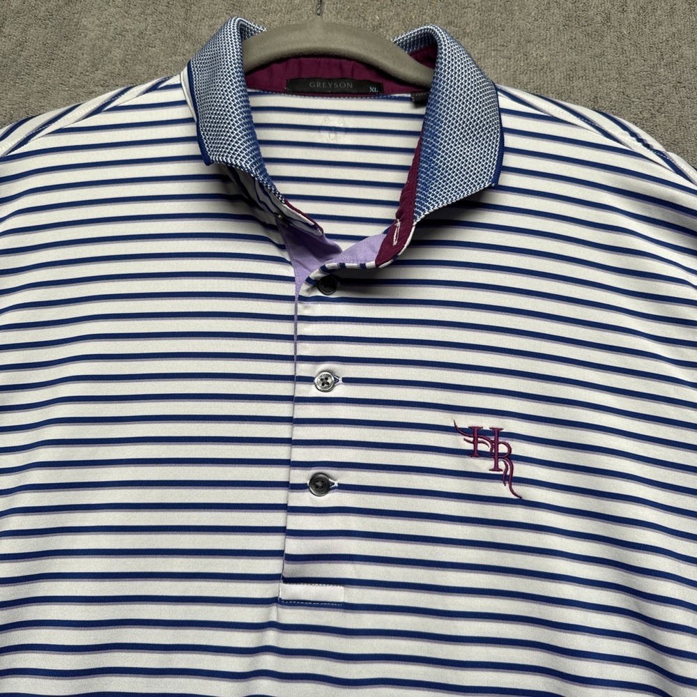 Greyson Polo Shirt Men's XL‎ Blue Stripe Country Club Embroidered Golf Stretch